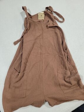 Women's Tie-Strap Cotton Romper Shorts in Mauve Brown